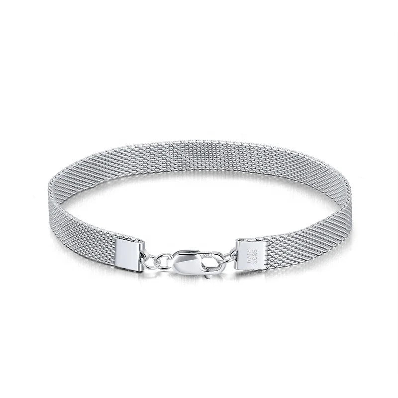 Trendy NEW Wholesale 7mm Wide 925 Sterling Silver Flat Mesh Bracelet Woman Man Belt Mesh Link Chain Bracelets Bangle 16.5cm-22cm