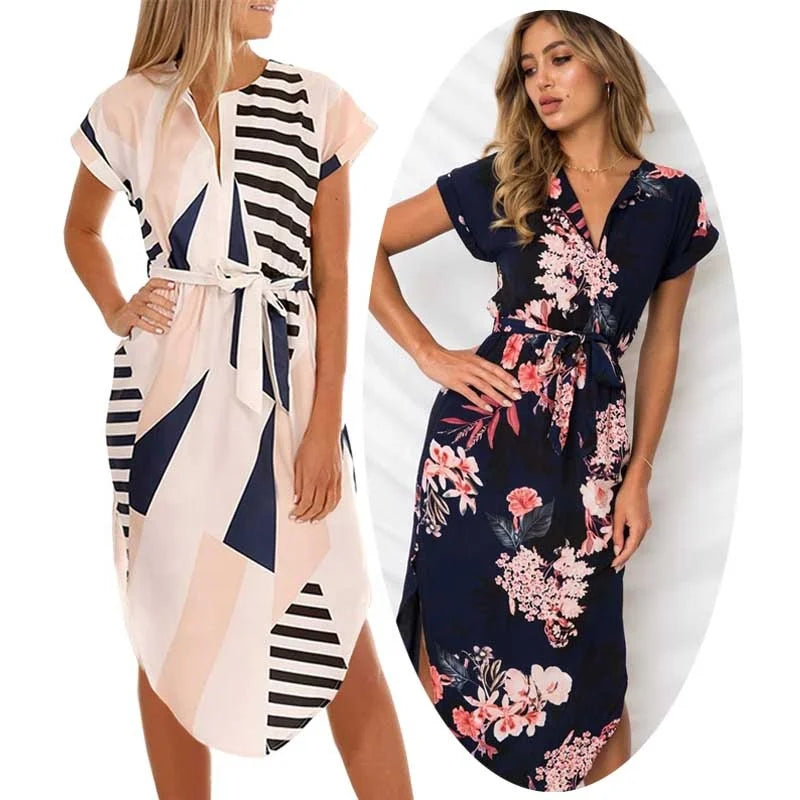 Womens Career Dresses Floral Print Geometric Pattern Belted Clothes Summer Fashion Trends Formal Long Skirt Office Dress