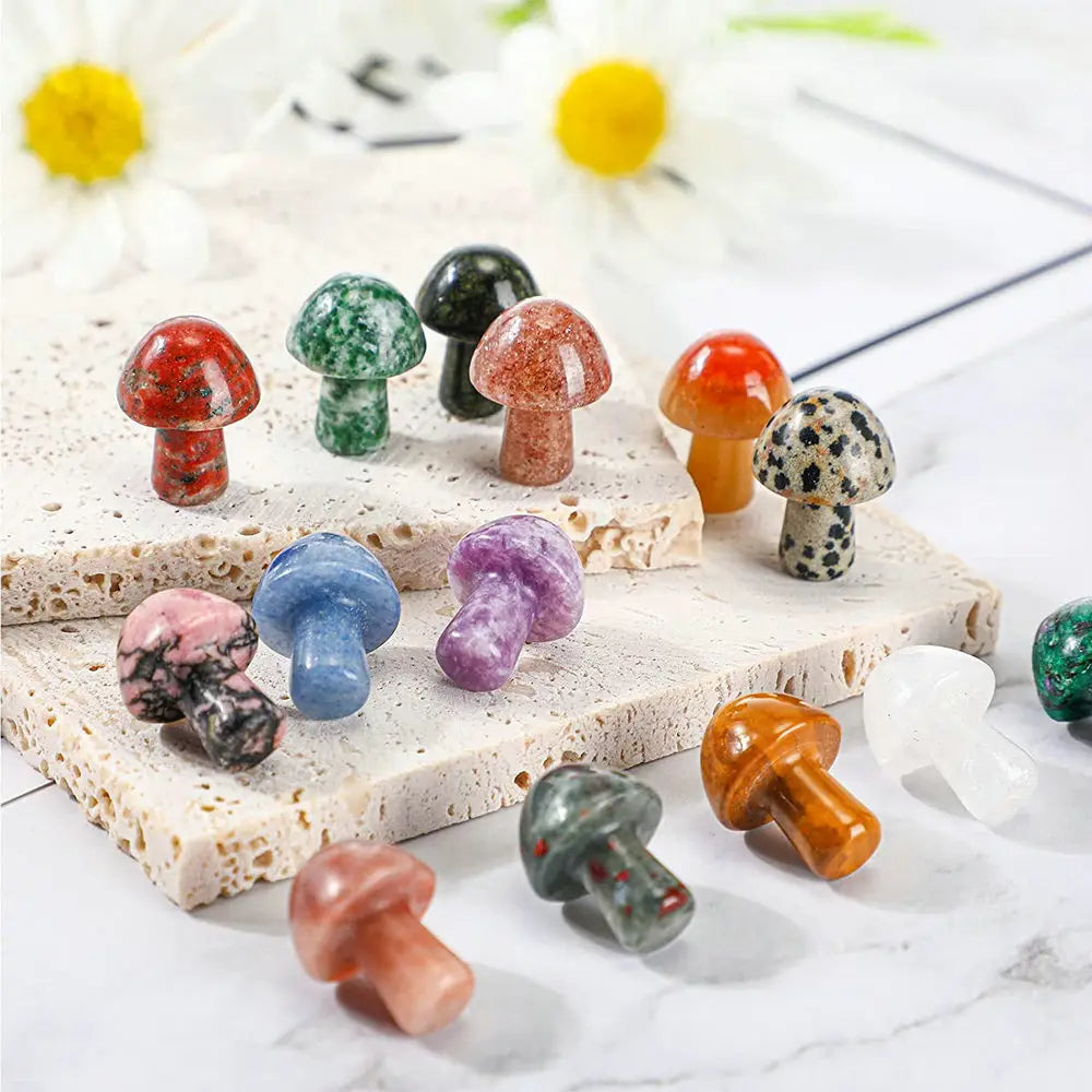 Mini Crystal Mushroom Gemstone Sculpture Decor Carving Mushroom Stones for Healing Chakra Reiki Balancing Home Decoration