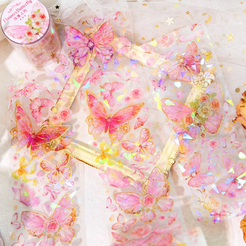 2M/Roll Pet Tape Butterfly Elegant Series Laser Gold DIY Journal Decorative Source Material Loop Stickers 5 Options
