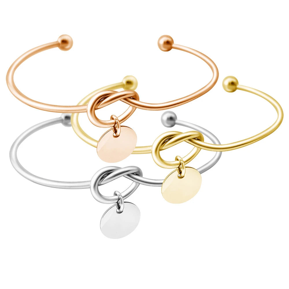 Minimalist Gold Plated PVD Plating  Stainless Steel Love Knot  12mm Round Blank Disc Cuff  Bracelet Bangle
