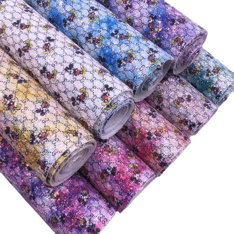 Eco-Friendly Cartoon Characters Embossed Chunky Glitter PU Leather Fabric Woven Backing Abrasion-Resistant Anti-Mildew Bags