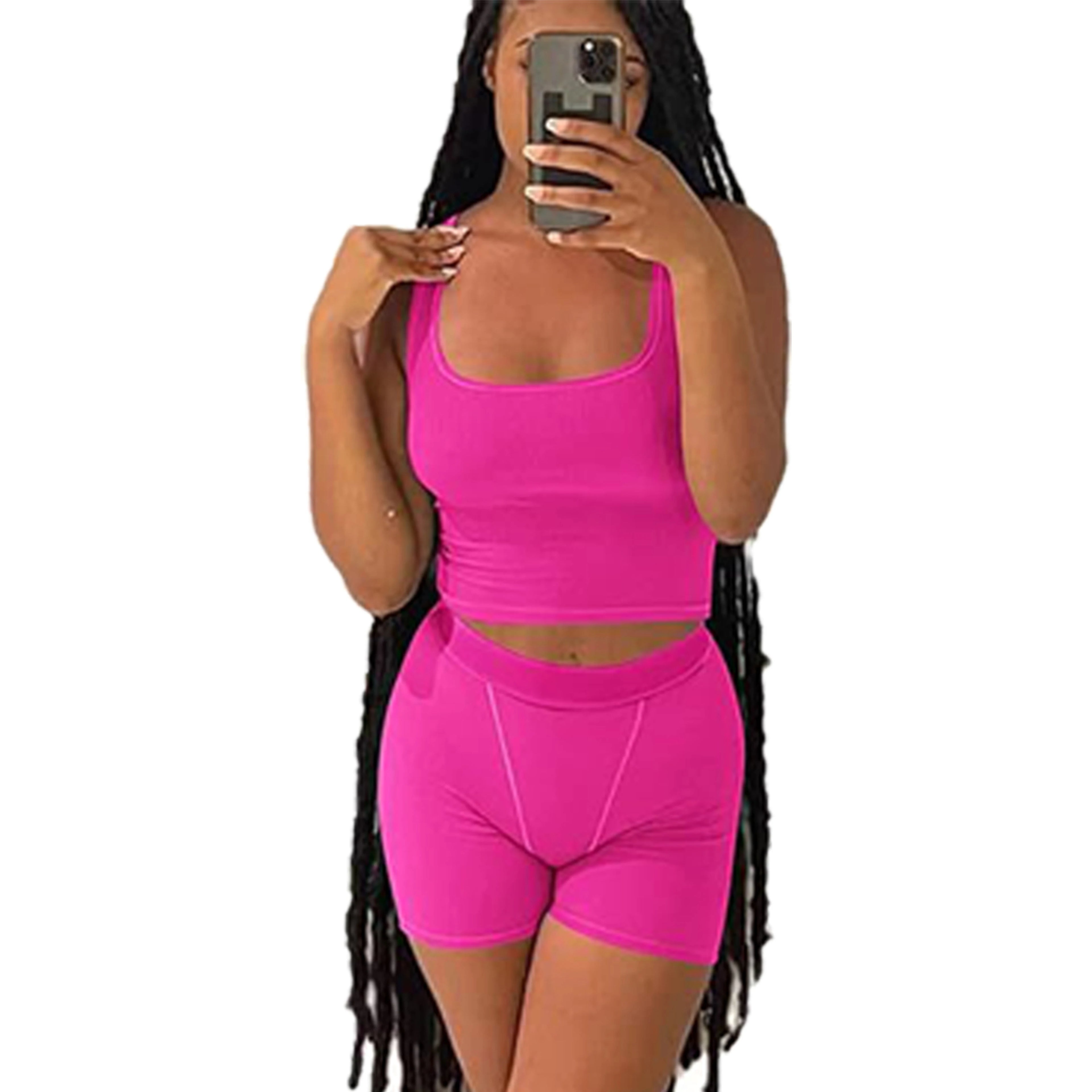 2024 Summer Hot Pink XS Ribbed Tank Top Shorts Women's Two-Piece for Lounge Wear Sets 2024 Summer Ropa Conjunto De 2 Piezas Para