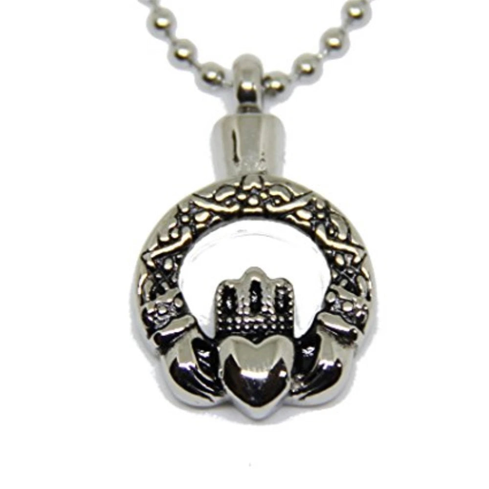 Irish Claddagh Style Hands Heart Crown Silver Plated Stainless Steel Christian Ash Jewelry Celtic Knot Cremation Urn Pendant