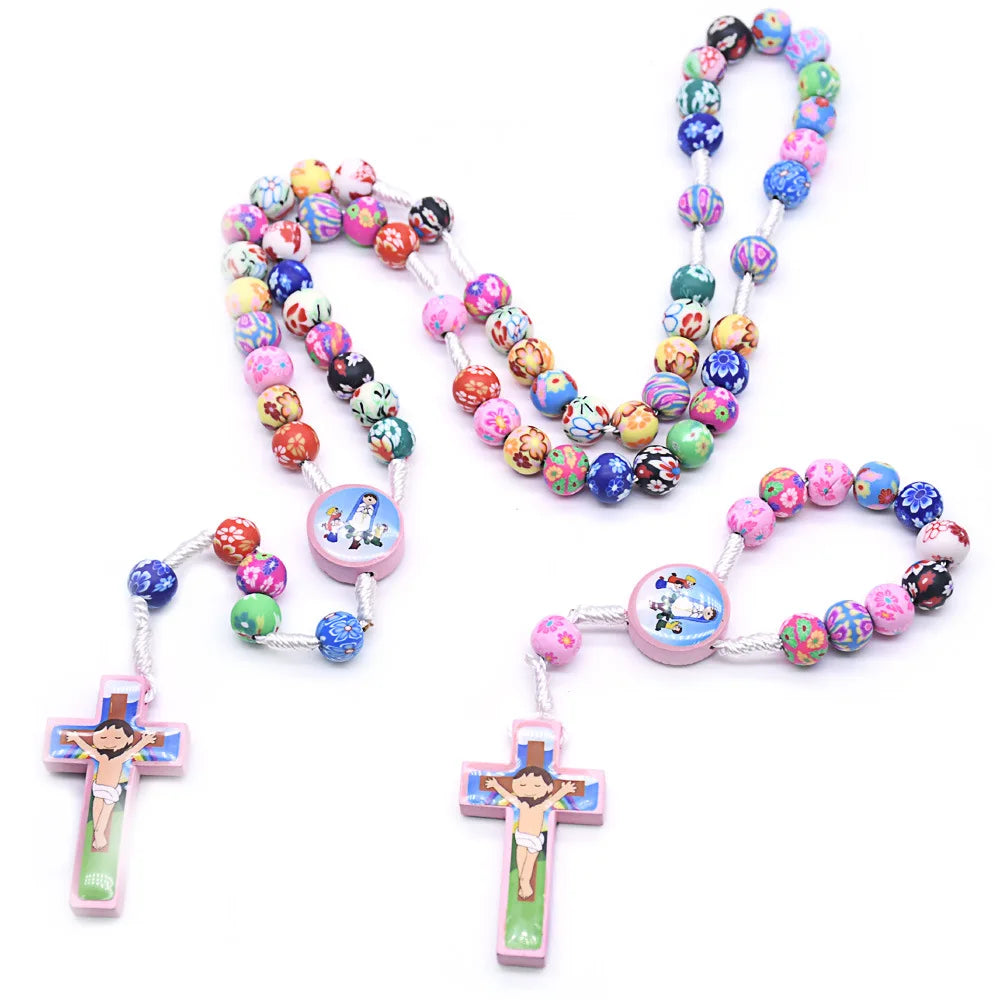 Cartoon Color Handmade Soft Pottery Rose Rosary Children's Catholic Christ Cross Rosary Bracelet