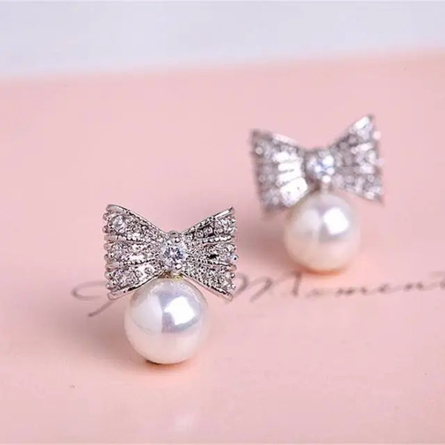 S925 Sterling Silver Earrings Wholesale Korean Bow Pearl Earrings Sterling Silver Jewelry