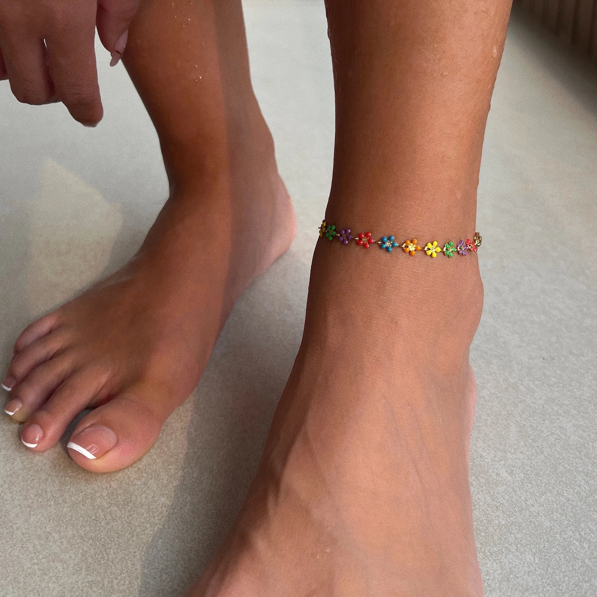 Ason 18k Gold Plated Colorful Flower Stainless Steel Waterproof Summer Anklet for Girl and Women
