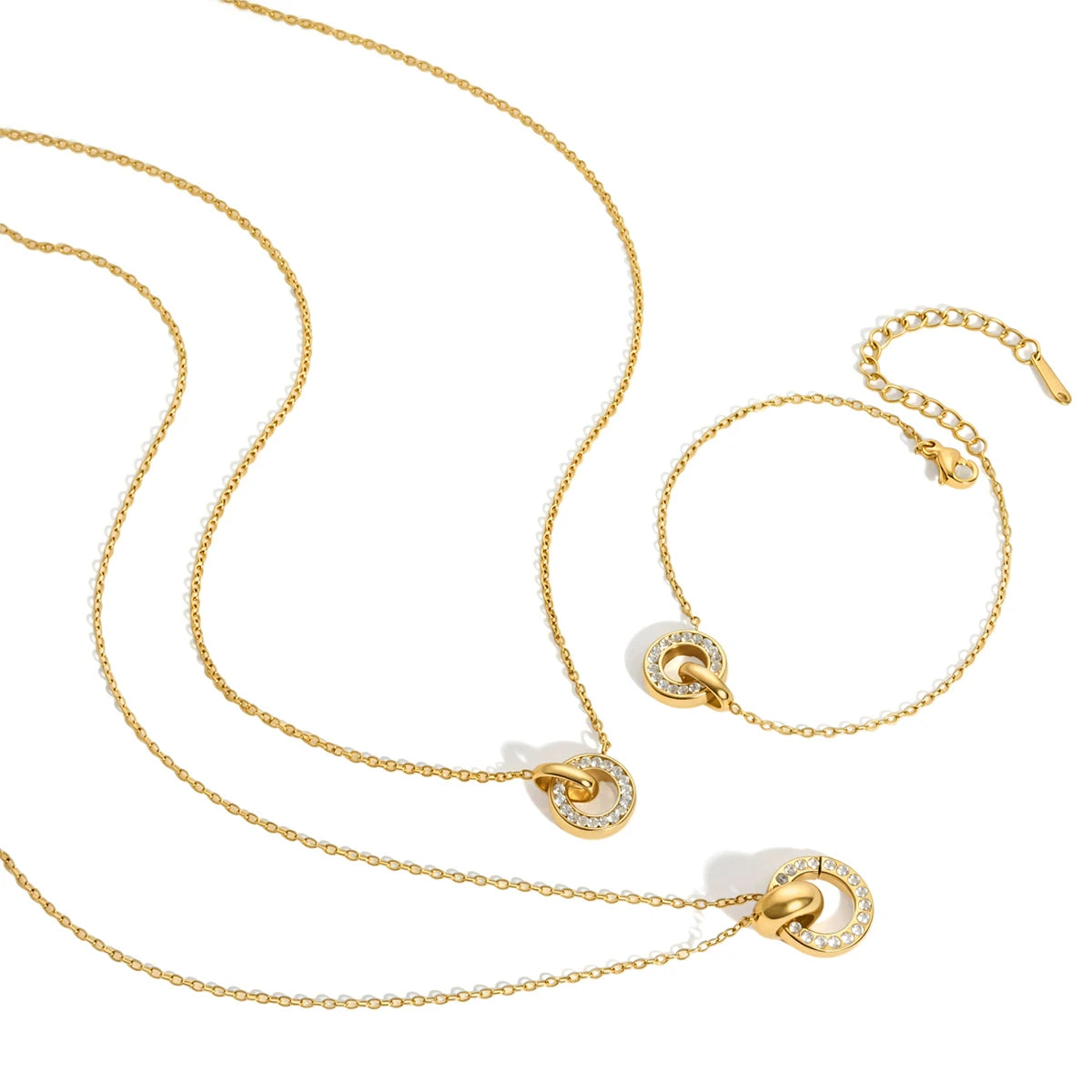 J&D Interlocking Double Circle White CZ Stainless Steel 18K Gold Plated Classic Statement Necklace Gift for Women Daily Jewelry
