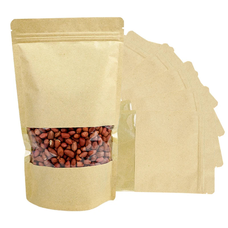 Bolsas Biodegradable Brown Coffee Ziplock Bag Food Packaging Kraft Paper Stand up Pouch Kraft Paper Bag with Window