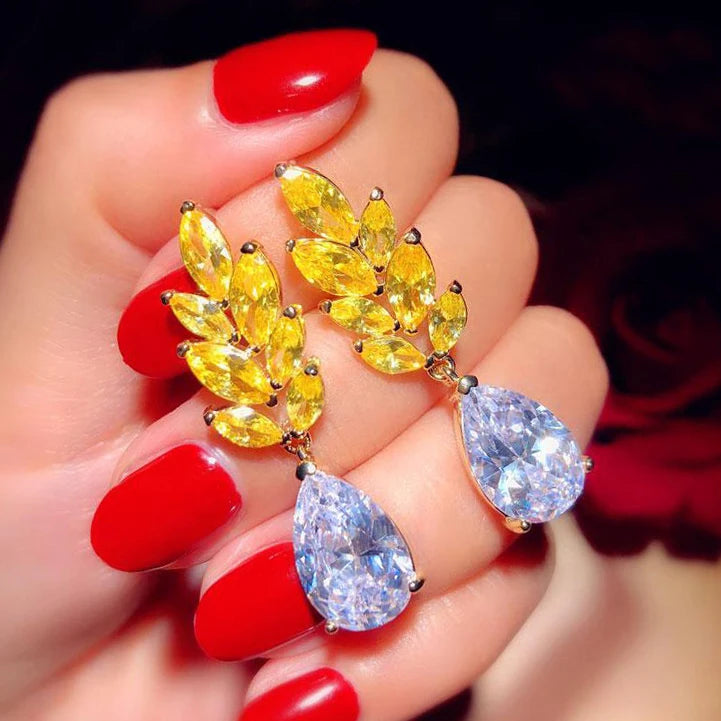 CAOSHI Jewelry Royal Water Drop Earring Hollow Brilliant Leaf Lady Women Beautiful Yellow Pear Silver Beautiful Dangle Earrings