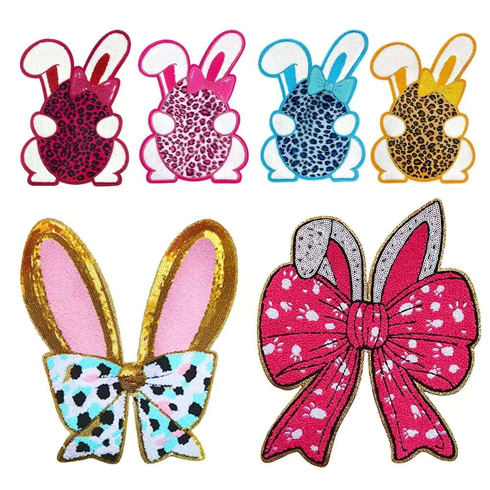 Wholesale New Design 26*18cm  Chenille Rabbit Iron on Sequin Easter Day Patches for Clothes