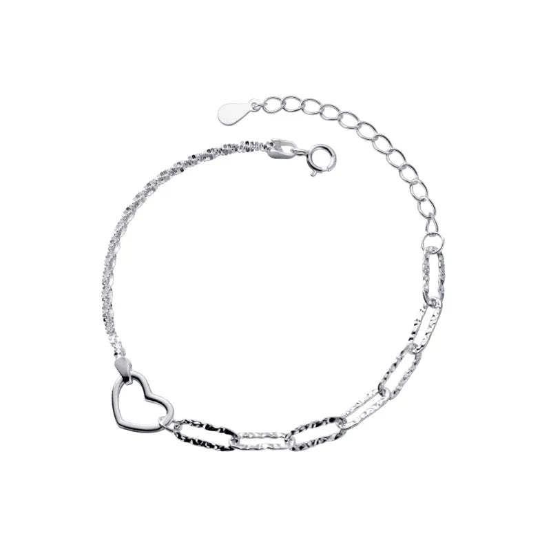 925 Sterling Silver Minimalist Asymmetric Chain Heart Shape Charm Bracelets Jewelry