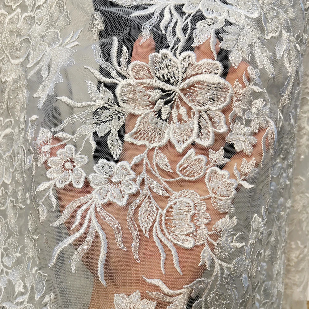 Luxurious African Beaded Lace Fabric by the Yard Embroidery Floral Mesh Lace With Beads for Bridal Evening Dress
