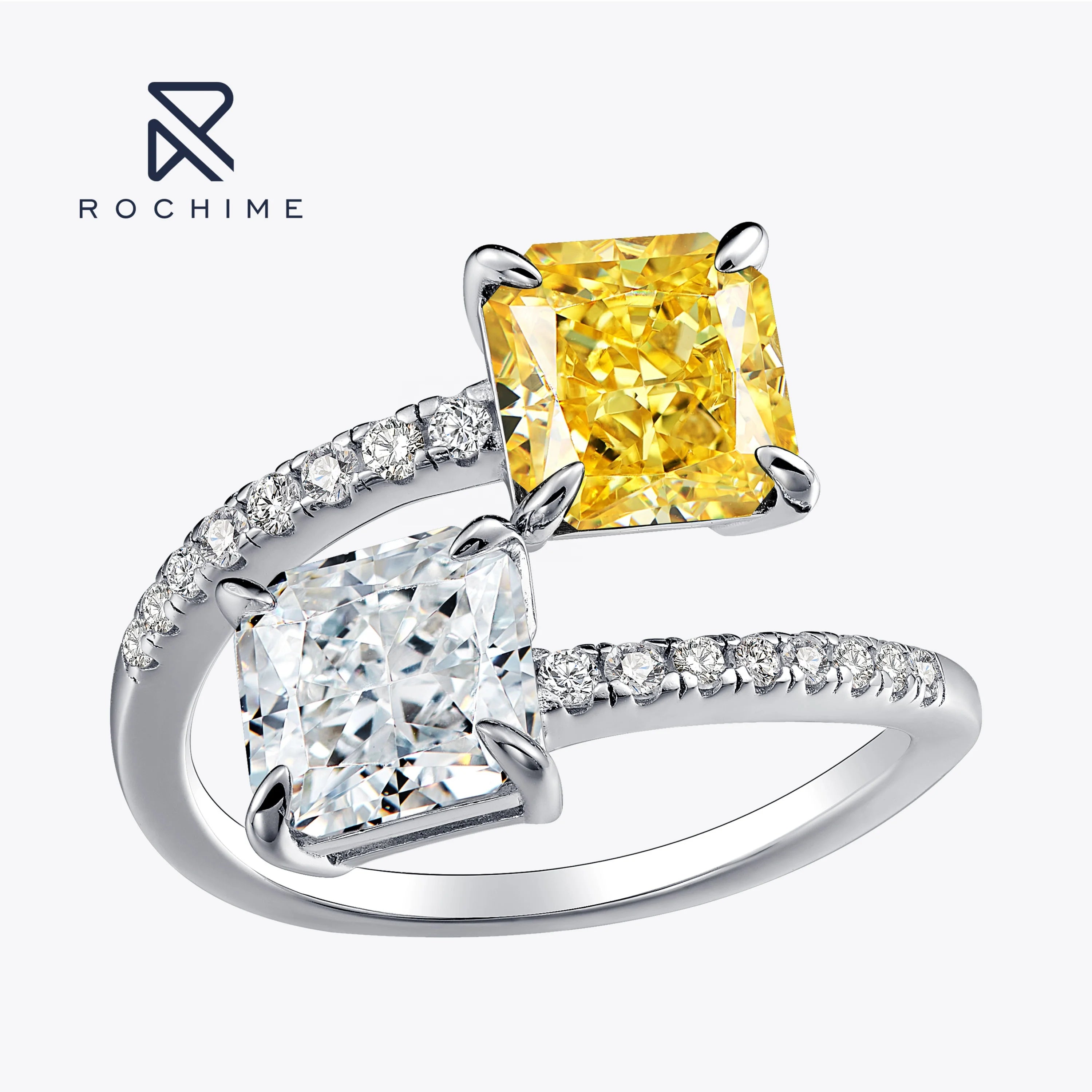 Rochime Fashion Custom Yellow Gemstone Rings S925 Silver Rhodium Plated 5a Zircon Fine Jewelry Rings Jewelry Women