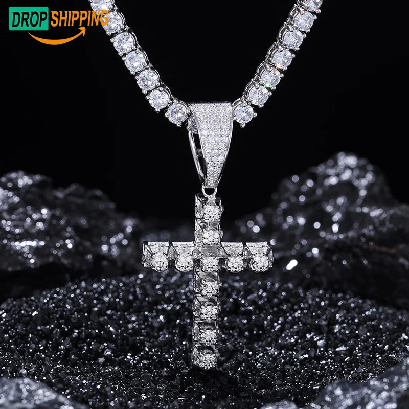 Dropshipping Hip Hop Jewelry 925 Sterling Silver VVS Moissanite Diamond Iced Out Cross Pendant Necklace for Men  Women