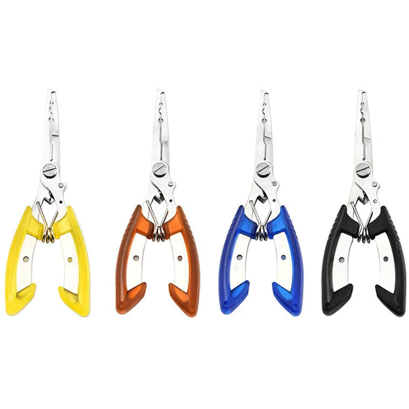 Wholesale 16CM 79g Yellow Orange Blue Black Curved Mout Elbow Pliers Stainless Steel Fishline Scissors Fishing Lure Pliers