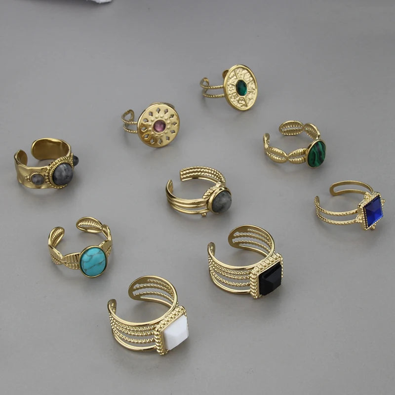 18K Gold PVD Plated 316L Stainless Steel Rings Finger Chunky Wedding Statement Jewelry Gemstone Crystal Open Ring