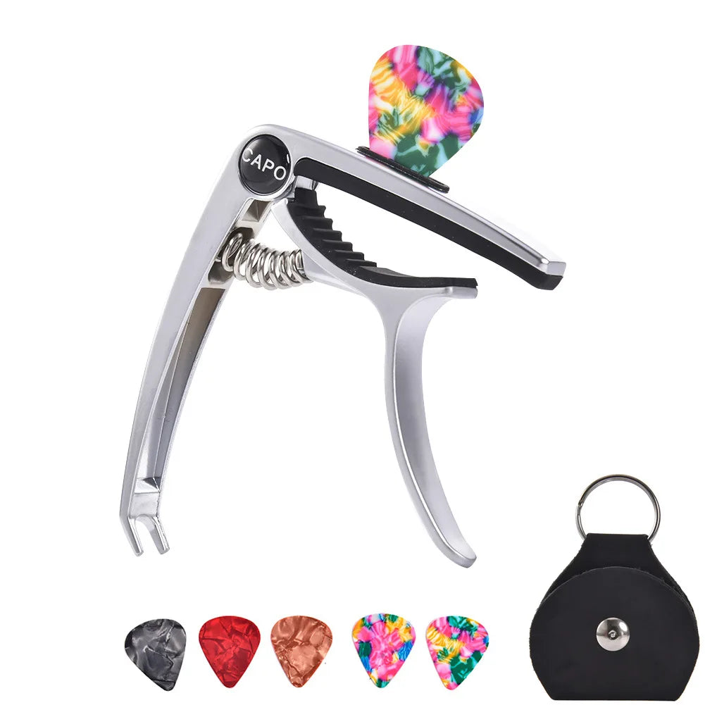 Guitar Capo Single Handed Capo With 5 Picks and Leather Pick Holder Universal Stringed Instruments Accessories