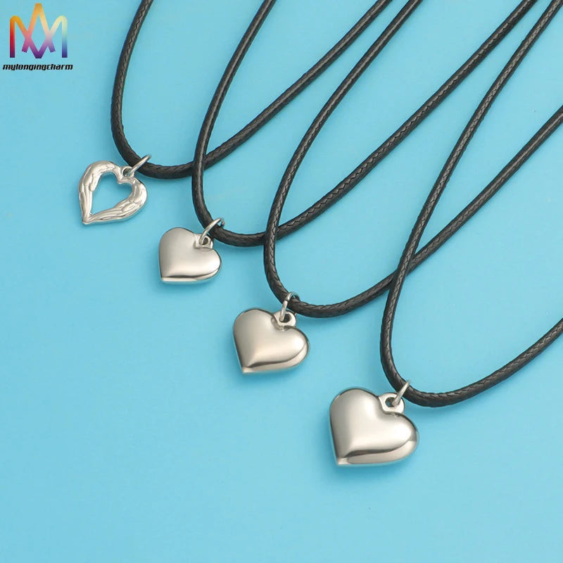 Minimalist Fashion Couple Necklace for Men and Women Stainless Steel Heart Pendant on Black Wax Rope Leather Cord