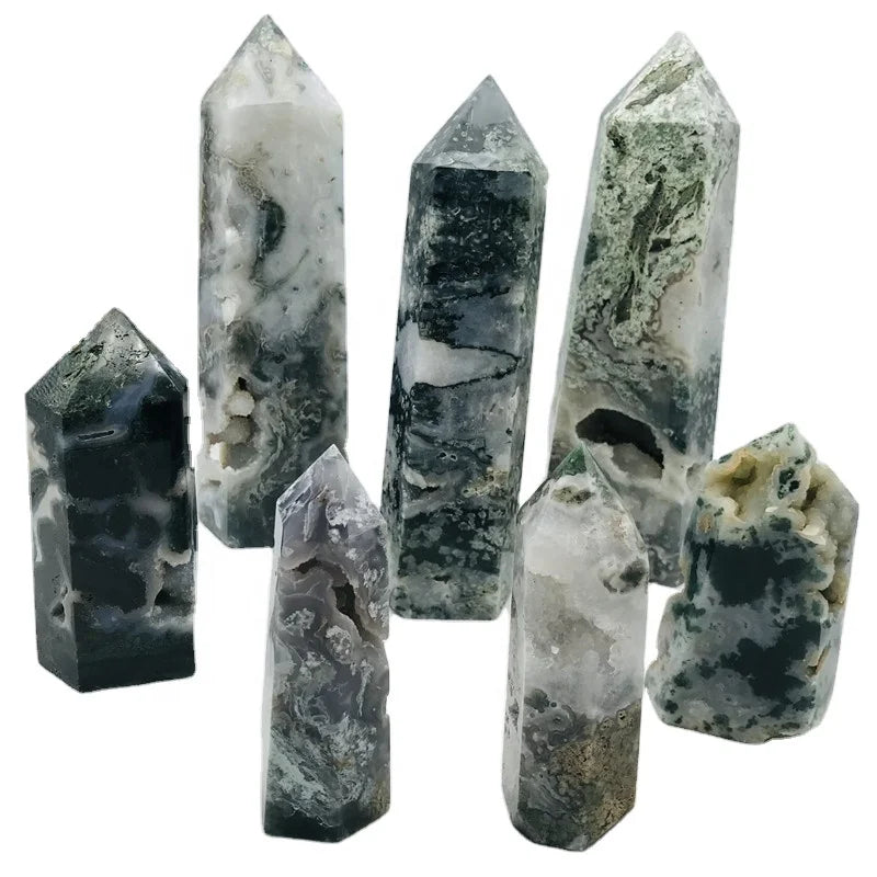 Natural Gemstone Wholesale Nature Healing Crystal Moss Agate Points Towers For Home Decoration