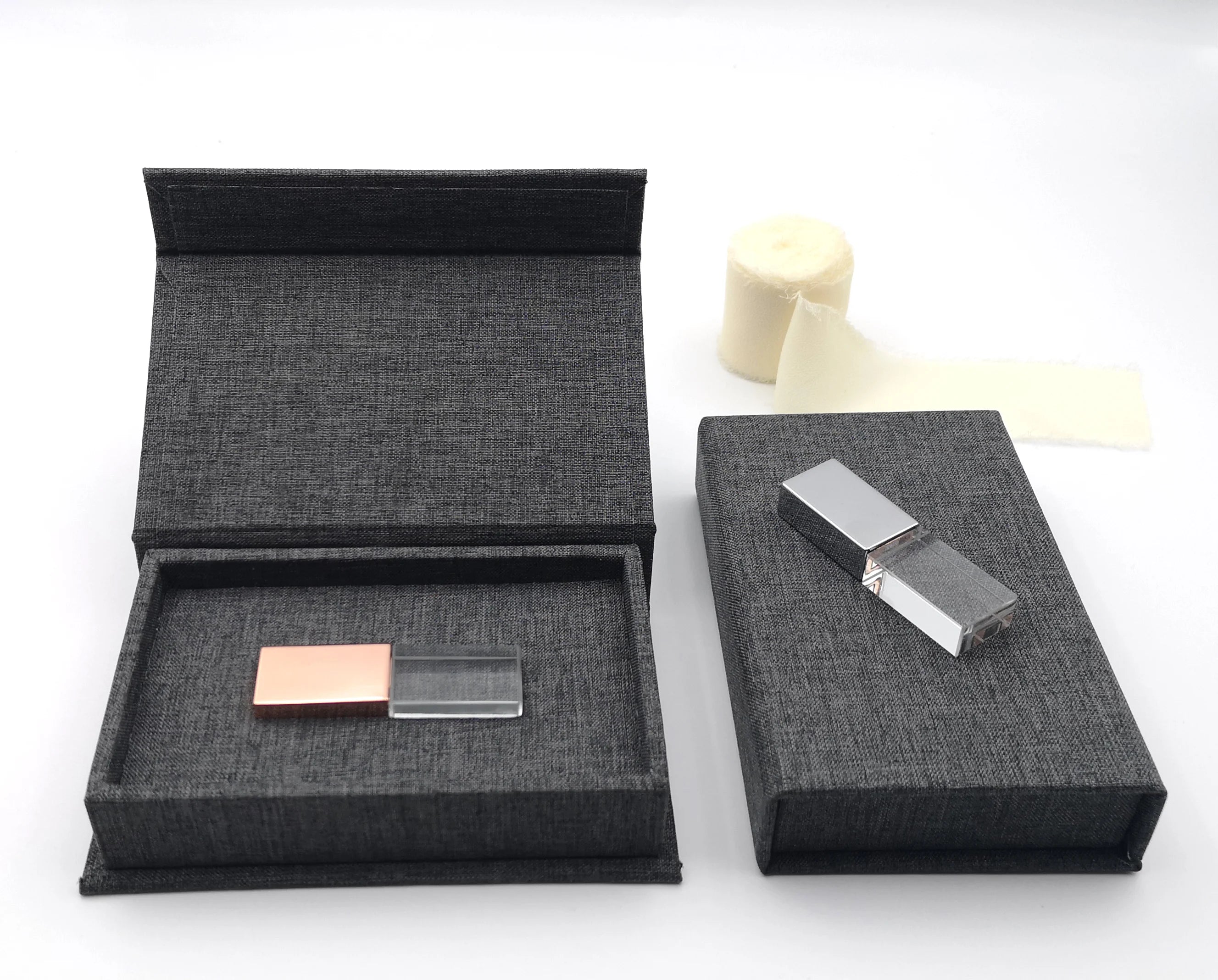 OEM Personalize Texture Fabric Linen USB Box Beige Gray Photography Gift Package Line Box for Crystal USB Flash Drive