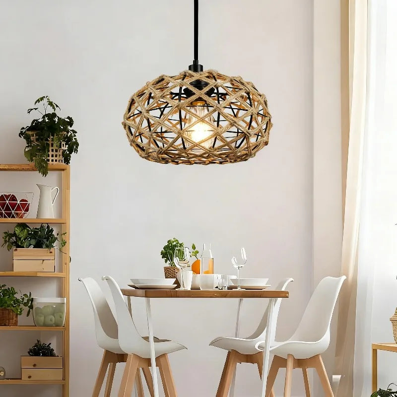 Hanging Lamp Hemp Rope Woven Ceiling Light Fixtures for Bedroom Kitchen Island Farmhouse Living Room Bedroom Pendant Lamp 30cm