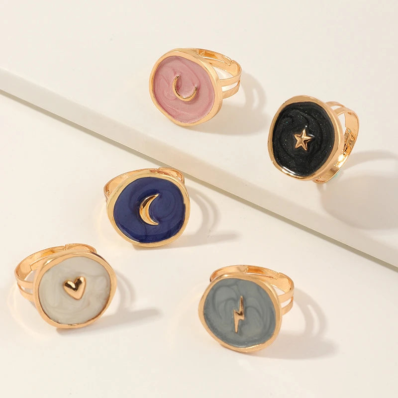 Gold Plated Adjustable Moon Enamel Rings Jewelry Women