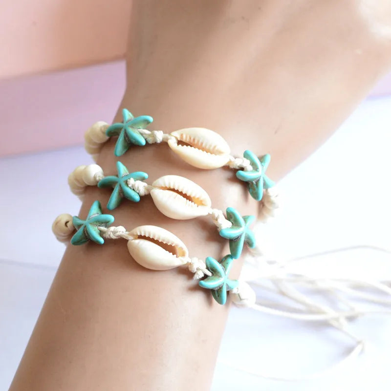 Adjustable Natural Turquoise Shell Bracelet Creative Sea Star Shell Braided Rope Wrap Ethnic Style for Christian Gifts