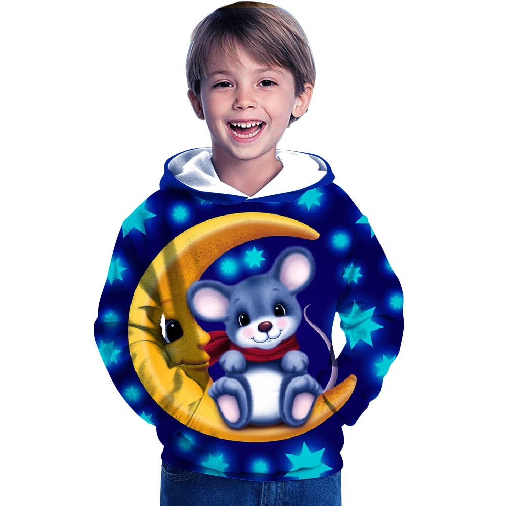 OEM Unisex Girls Boys Kids Hoodie 3D Printed Cartoon Animal Pattern Pullover Sweatshirt Teen Sports Tops With Pocket