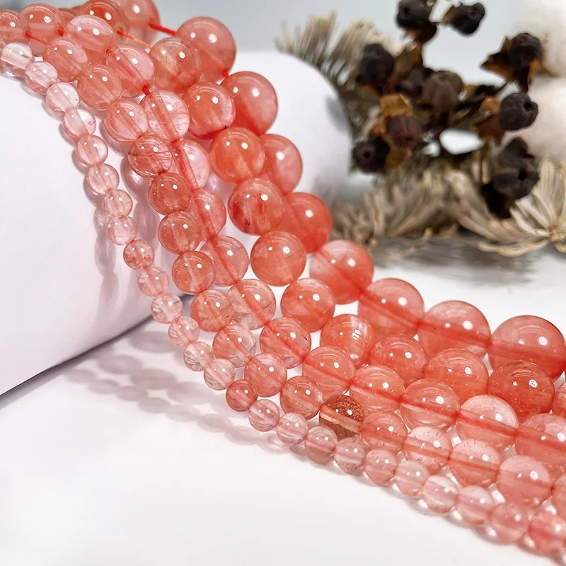 Smooth Beads for Jewelry Making DIY Handmade Crafts Rose Cherry Quartz Gemstone Loose Beads Gemstone Bracelets Natural Beads