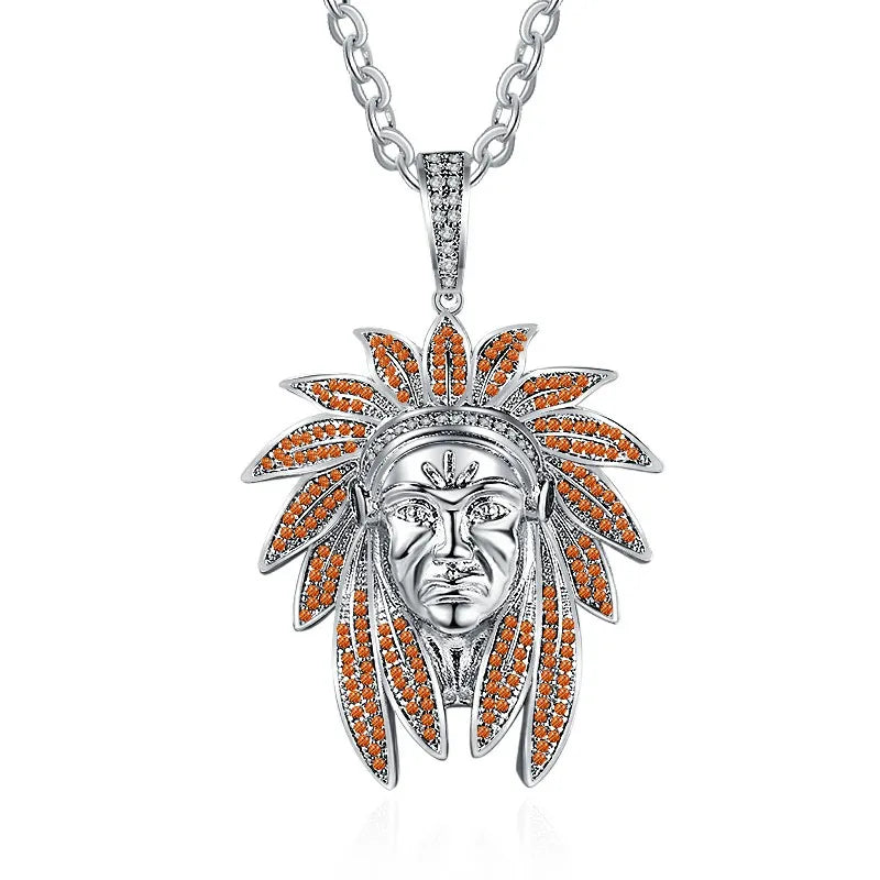 Hot Selling Hip Hop Brass Silver Plated Zircon Indian Chief Pendant Headdress Necklace for Men's Wedding & Party Jewelry