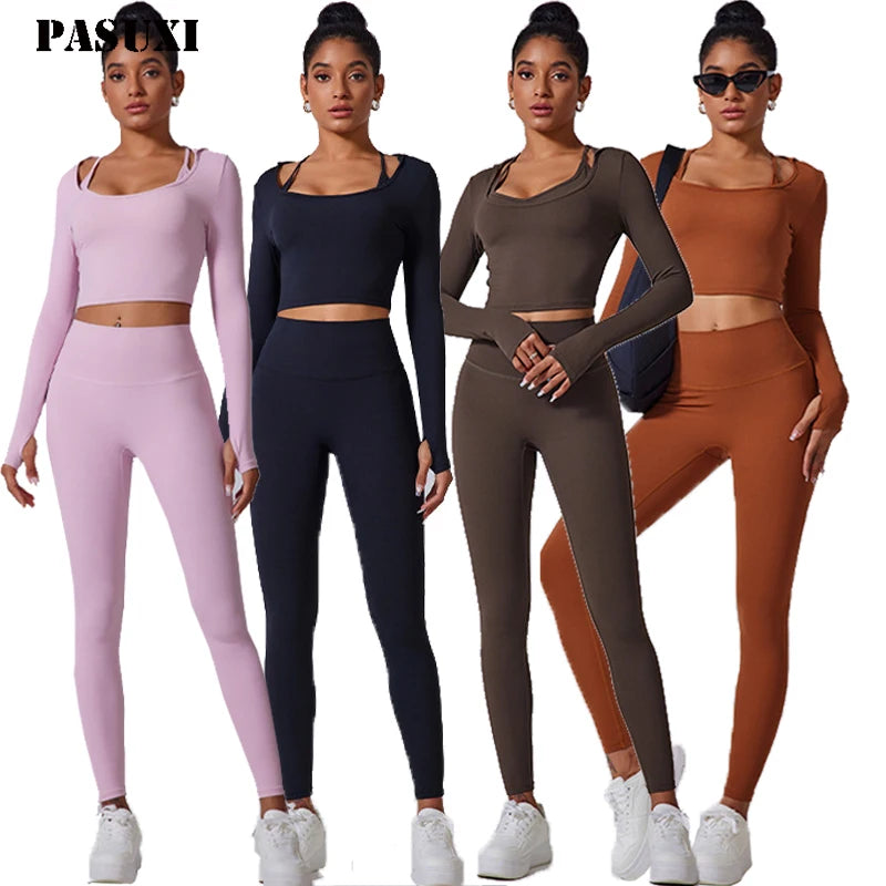PASUXI Custom Women's Workout Gym Fitness 2-Piece Sets Breathable Drawstring Long Sleeve Top Riding Leggings Solid Pattern Quick