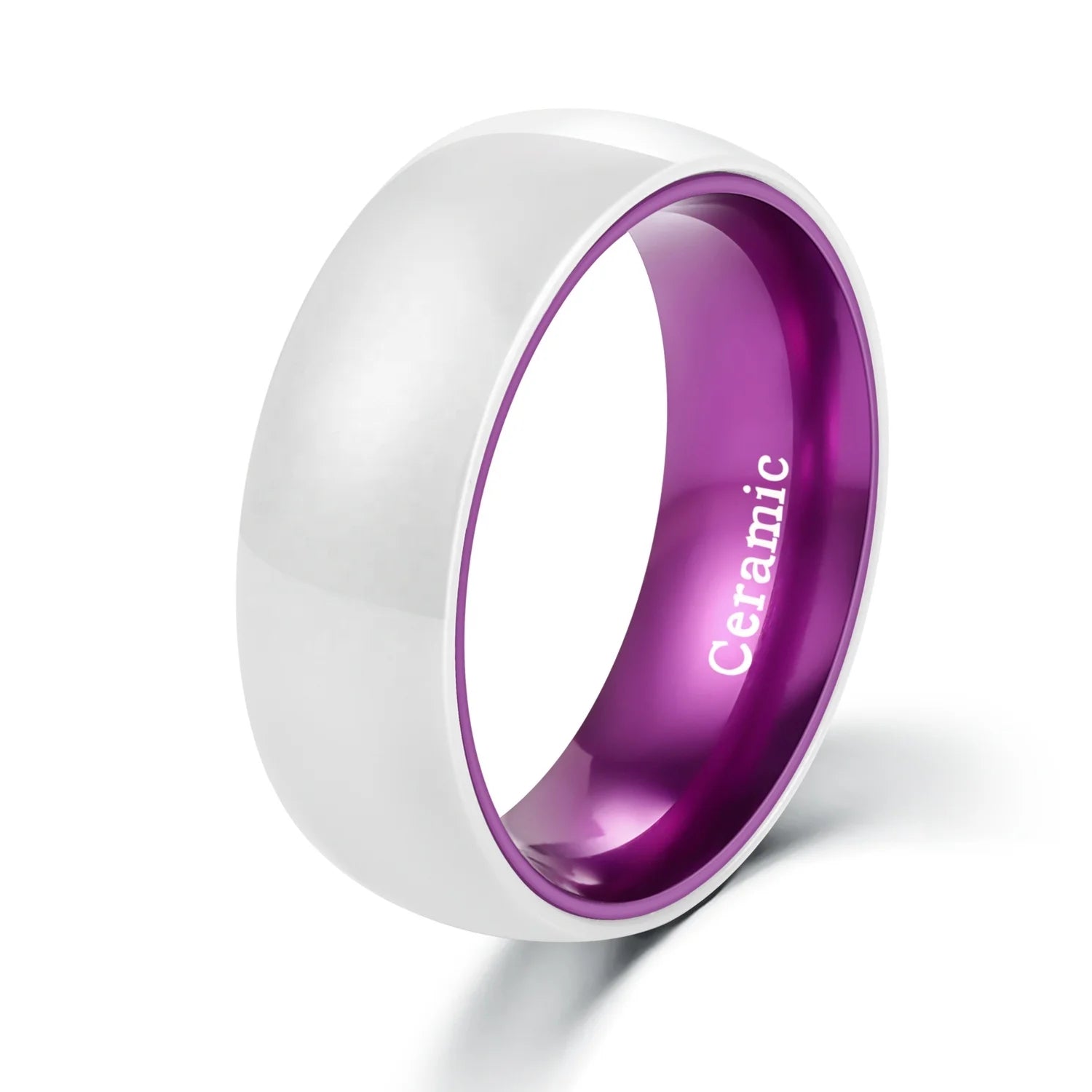 POYA White Ceramic Wedding Band for Men 8mm Purple Ring Aluminum Sleeve Inside