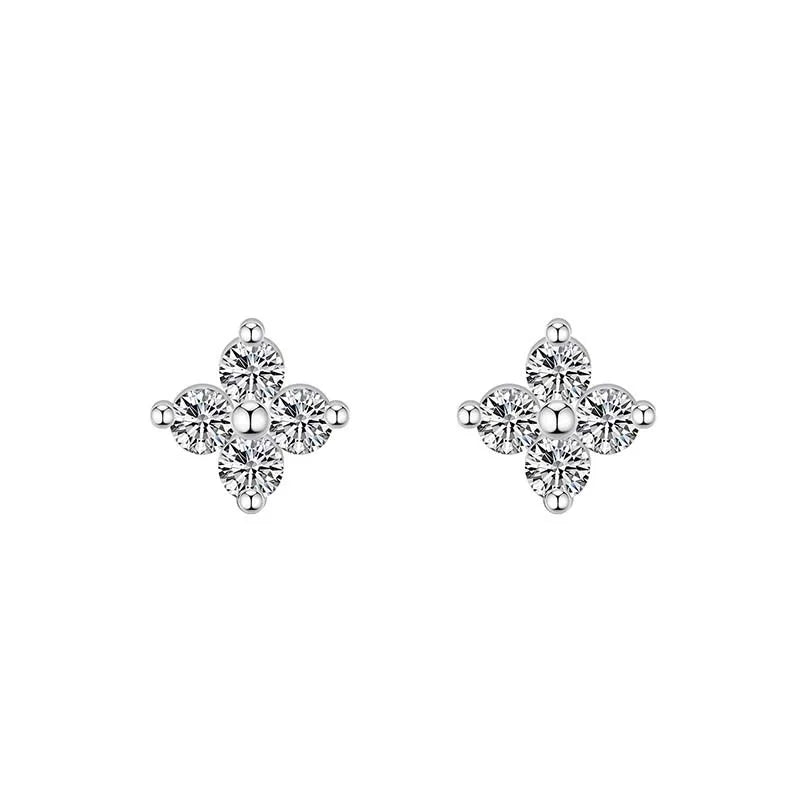 Korean Cute Fashion 925 Sterling Silver Shiny Crystal Zircon Four-leaf Clover Stud Earrings for Women Girls
