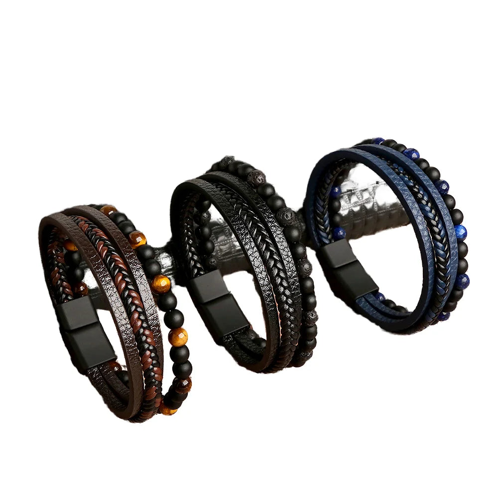 Handmade Men's Woven Natural Obsidian Charm Bracelet Fashion Wholesale Bracelets