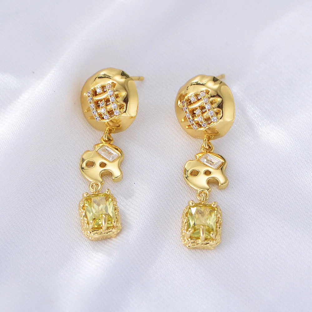 Findings Fantasy Buttons Jewelry Psj Brass 18k Gold Plated Citrine Yellow Cubic Zirconia Drop Earrings for Women Lady Bridal