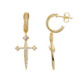 Bling Hip Hop Unisex Earrings: AAA CZ Stone Sword Cross Dangle - Ice Out Style