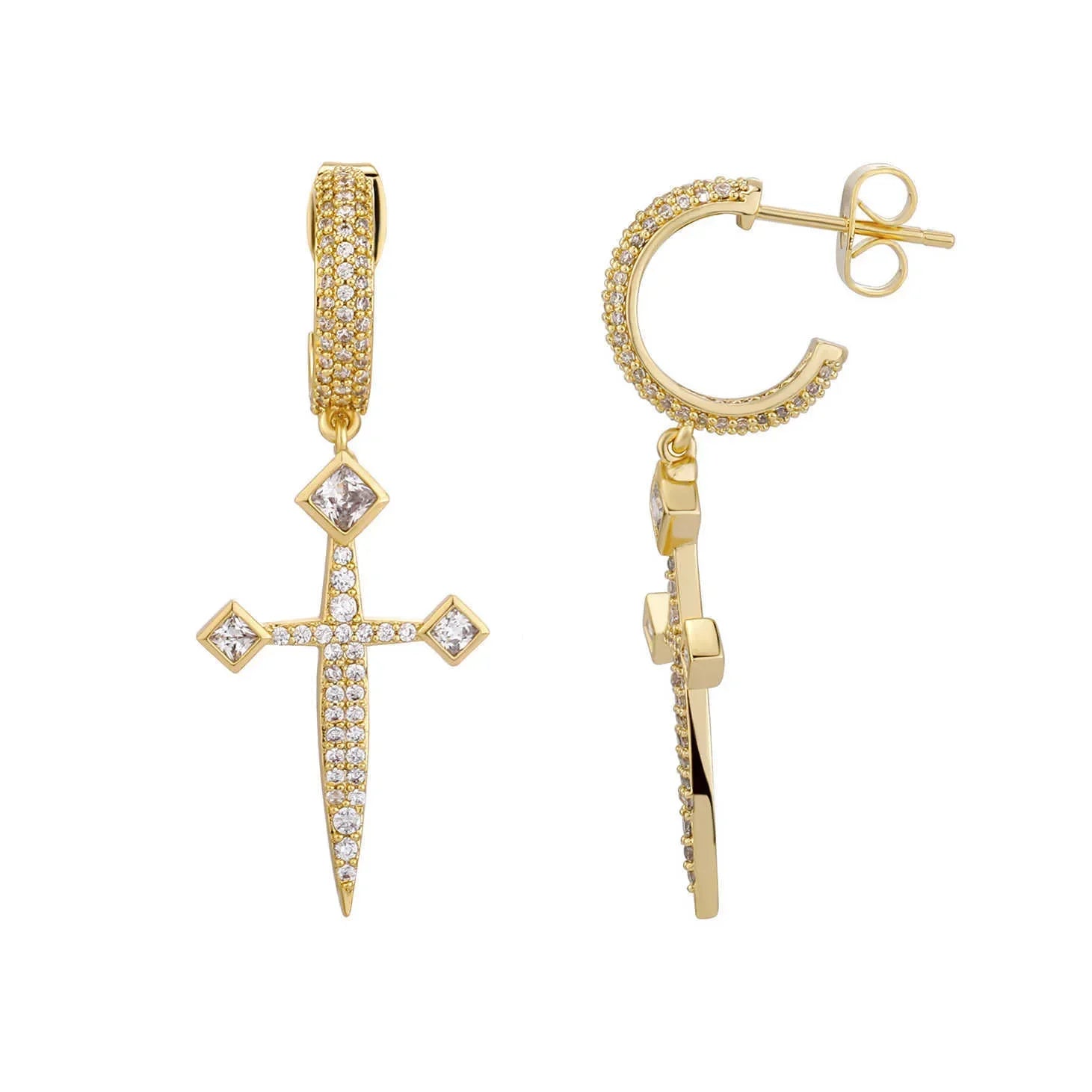 Bling Hip Hop Unisex Earrings: AAA CZ Stone Sword Cross Dangle - Ice Out Style