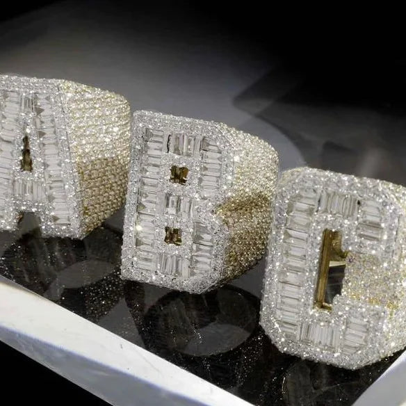 Custom Initial ABC Moissanite Rings 925 Silver VVS Baguette Moissanite Iced Out Hip-Hop Letter Name  Championship Rings Men