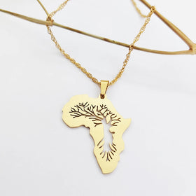Tree Africa Map Necklace Joyas Acero Inoxidable Necklace Yellow Urban Fashion Jewelry for Women/Men's Gift
