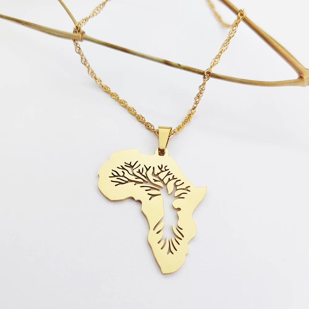 Tree Africa Map Necklace Joyas Acero Inoxidable Necklace Yellow Urban Fashion Jewelry for Women/Men's Gift