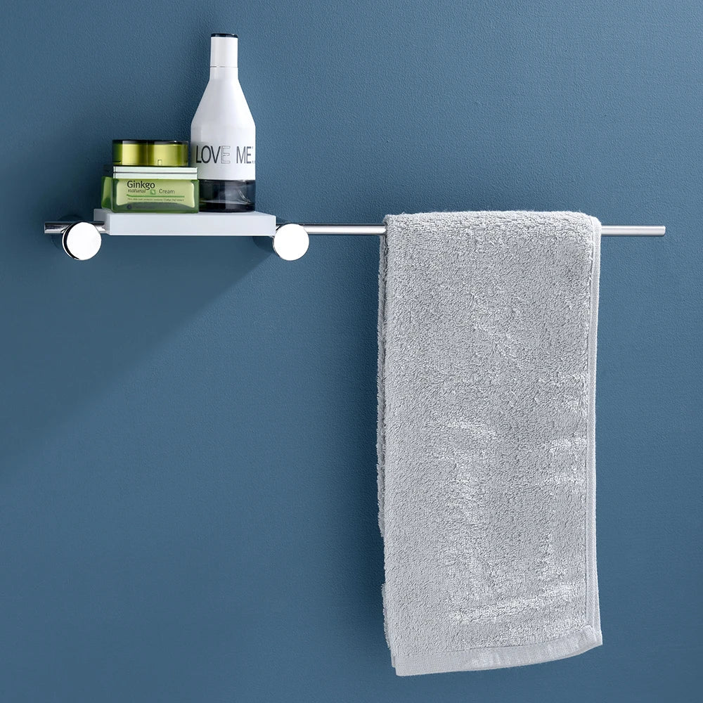 Modern Single Chrome Metal Bath Towel Rack with Shelf Wall-Mounted for Hotel Use-LUNGIE LS-9305A8K Single Bathroom Accessory