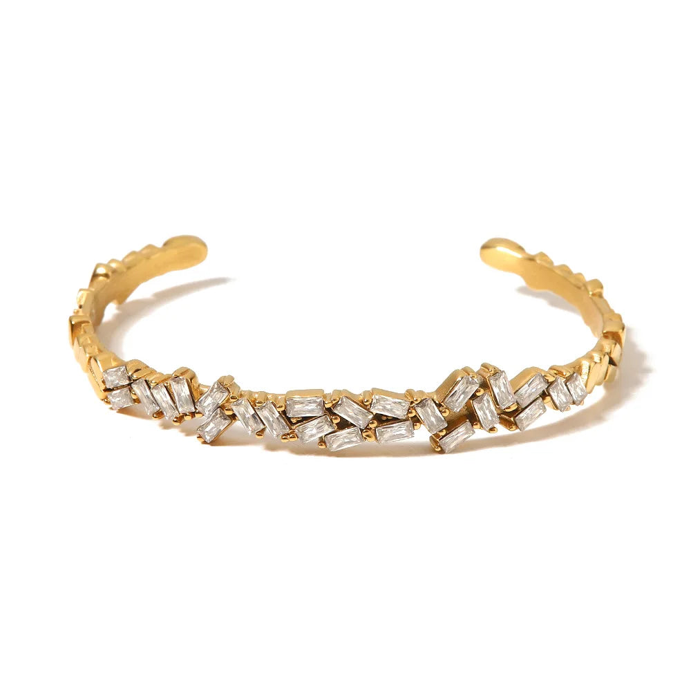 New Trendy 18k Gold Plated Stainless Steel Jewelry Party Gift Opening Cuff Bracelet Crystal Cubic Zircon Bangle Bracelet