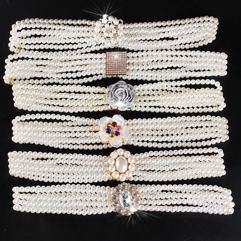 Elegant Four Row Pearl Waistband Decorated Waist Chain Elastic Dress Belt