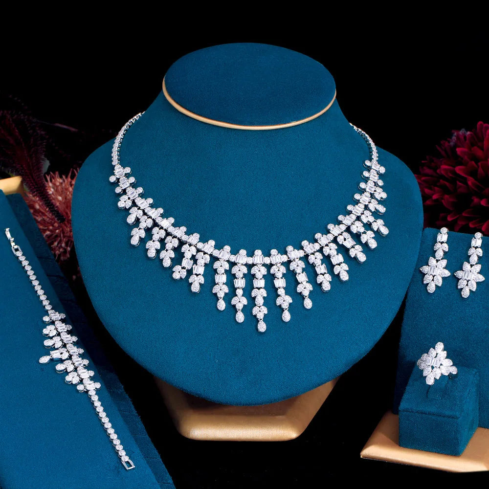 High Class Shiny Cubic Zircon Flower Leaf Shape Bridal Wedding Tassel Necklace Bracelet Earrings Ring Jewelry Set for Women Gift