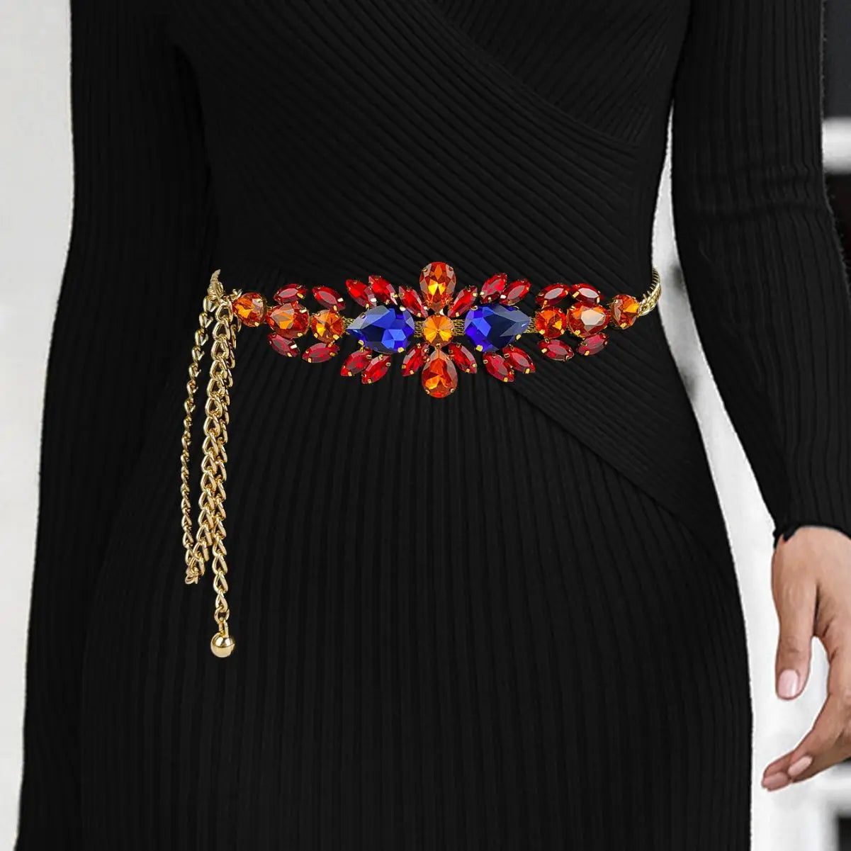 Vintage High Follow Rhinestone Waist Chain Crystal Belt for Women Dress Waist Chain