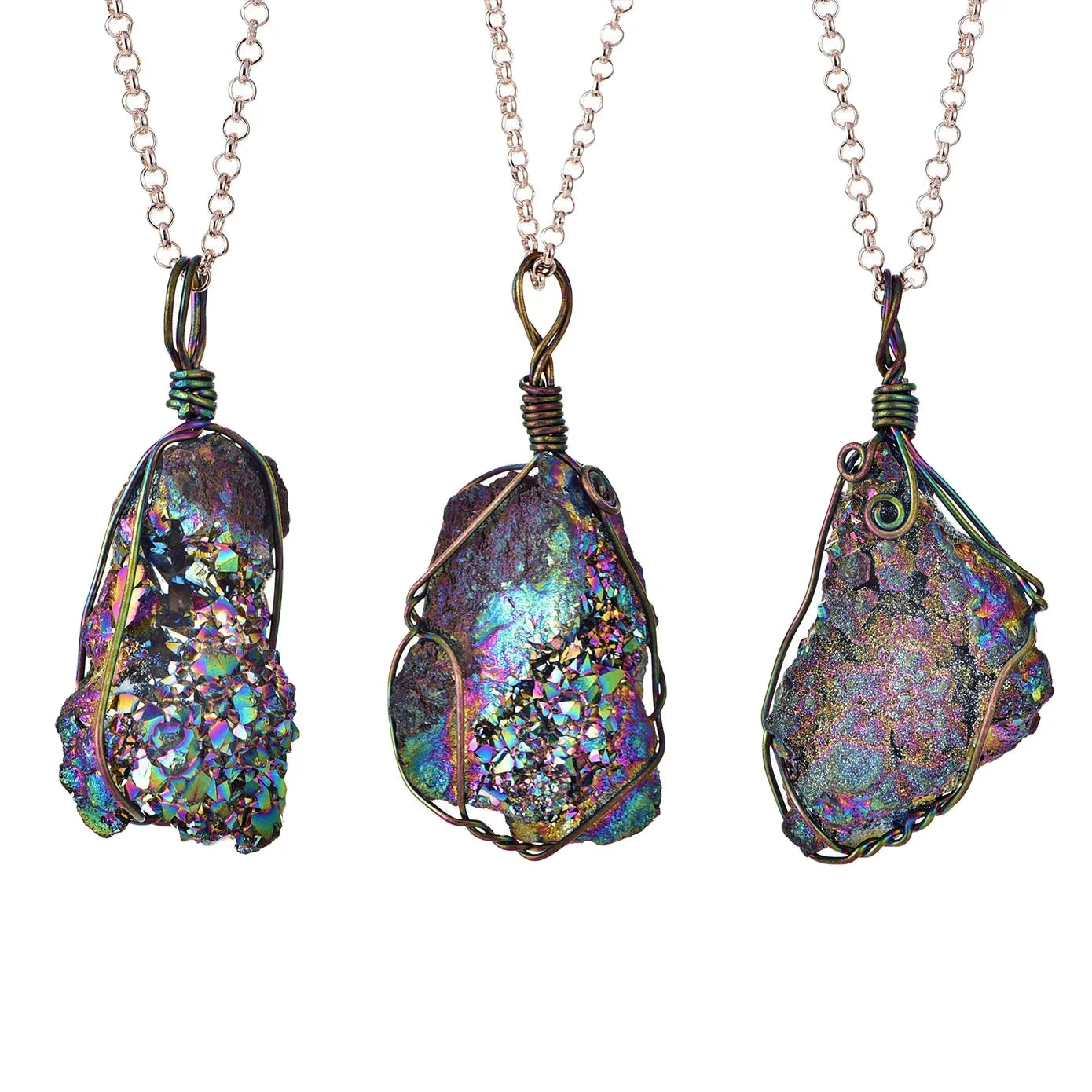 Natural Irregular Stone Geode Necklace Chain Rough Unpolished Winding Pendant Crystal Energy Agate Wrapped Amethyst Necklace