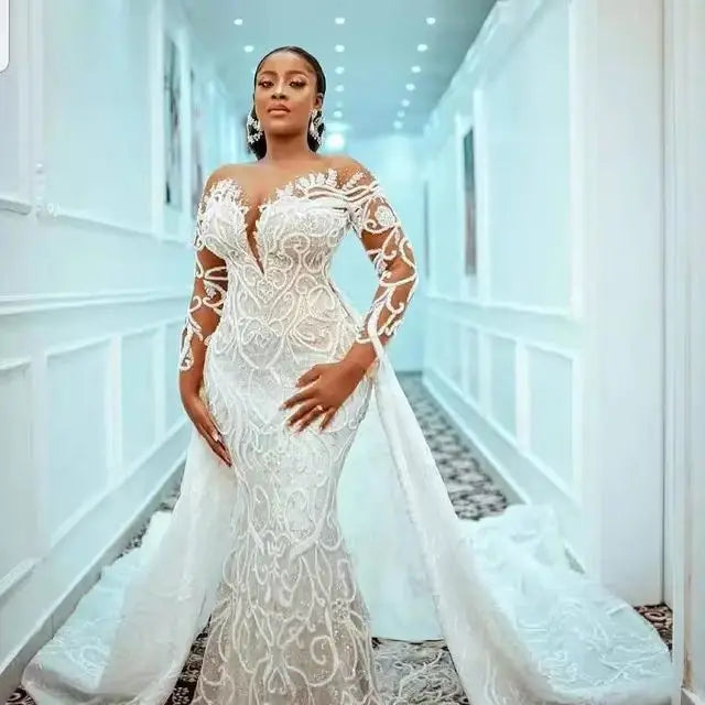 Wedding Dress 2023 New Line Shoulder Long Sleeve Bride Wedding Fishtail Evening Gown Detachable Train Wedding Dress