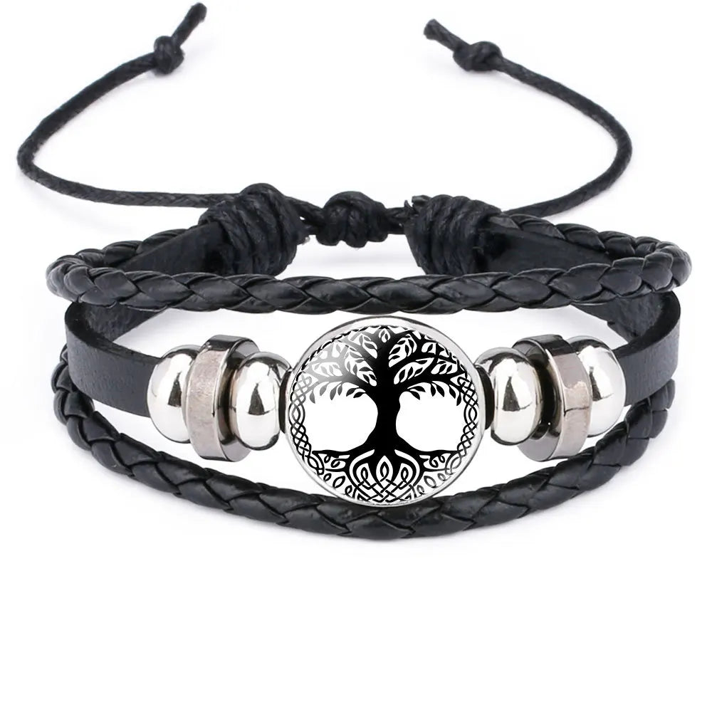 Men Jewelry Black Color AdjustableTime Gem Viking Cow Leather Wrap Bracelet