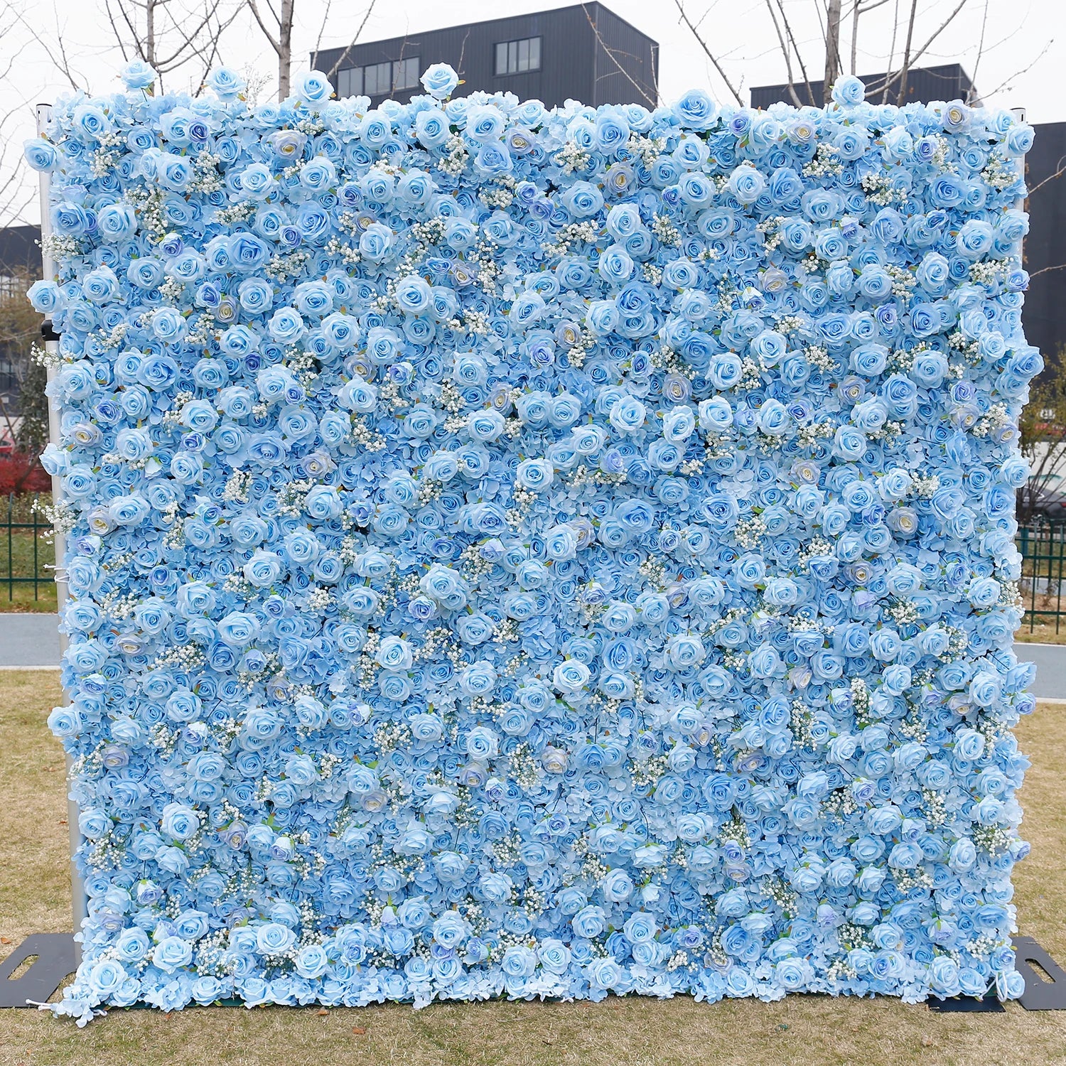 EG-M027 Roll up Cloth Fabric Floral Wall Silk Blue Artificial Flower Wall Backdrop for Wedding Decoration